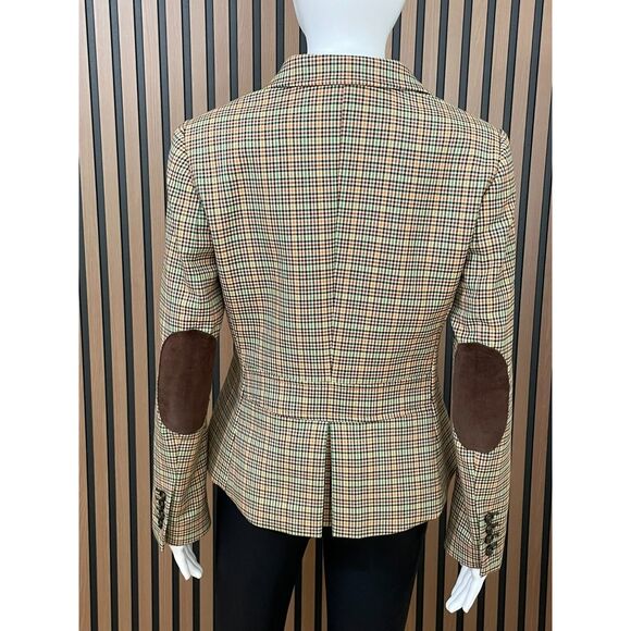 Talbots Womens Brown Blazer Wool Blend Jacket Elbow Patch Stretch Houndstooth 6p - Picture 2 of 9